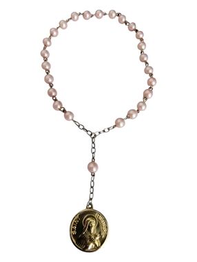 Vintage Pink Beaded Saint Therese Rosary Bracelet / Catholic Charm Bracelet